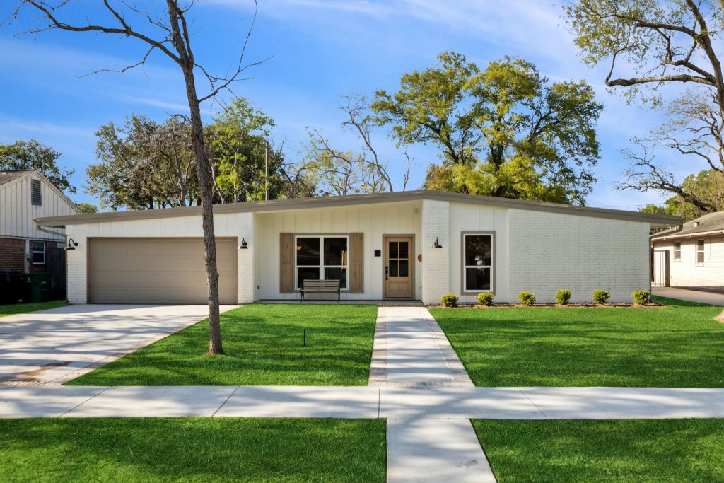 Renovated mid-century ranch home exterior in Westbury, Houston
