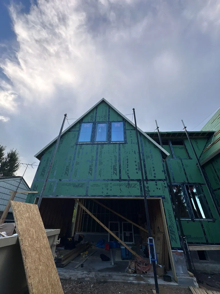 Select Build custom home under construction in Houston, fully wrapped in ZIP System sheathing with taped seams
