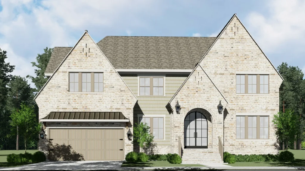 Architectural rendering of the Select Build Westbury new build: two-story brick home with arched front entry and standing-seam metal awning