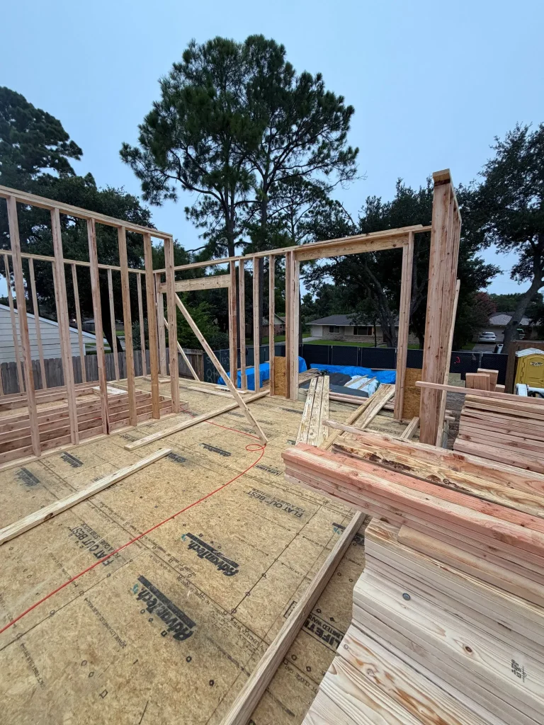 First-floor wall framing going up on the Westbury new build