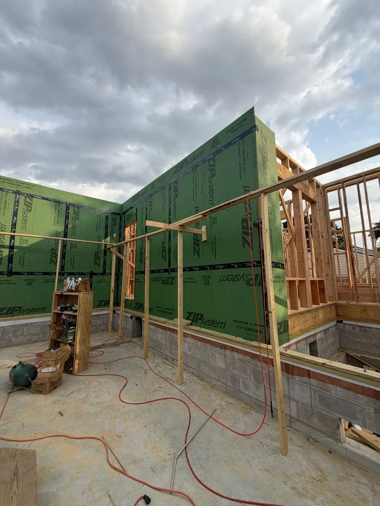 Exterior walls framed and sheathed in ZIP System on the Westbury new build